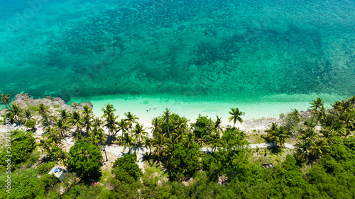 Top view of tropical beach with palm trees. Virgin Island, Philippines.