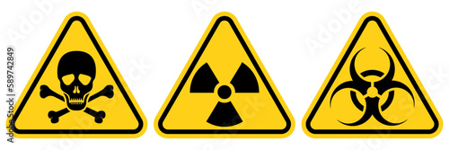 Set hazard danger yellow vector signs. Radiation sign, Biohazard sign, Toxic sign.