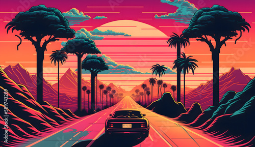 The digital artwork is a colorful illustration summer 80s 90s, sunset, road, palm tree, Generative AI Technology
