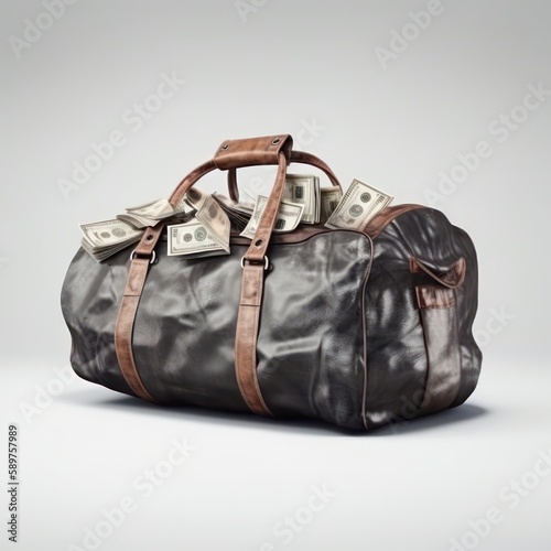 Duffle bag filled with cash isolated on a white background, symbolizing wealth, illegal activities, or a big financial win, mysterious and intriguing, generative ai