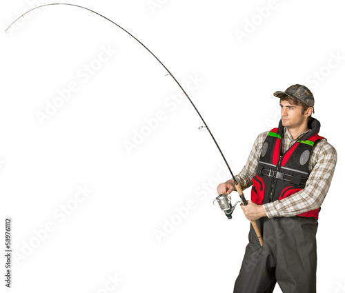 Male fisherman with fishing rod isolated on white