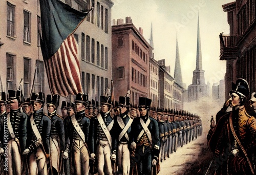 Parade through New York of United States troops after independence from England. November 25th 1783. Antique illustration. 1884. Generative AI