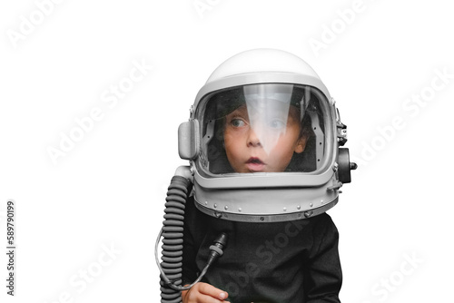 small child imagines himself to be an astronaut in an astronaut's helmet.
