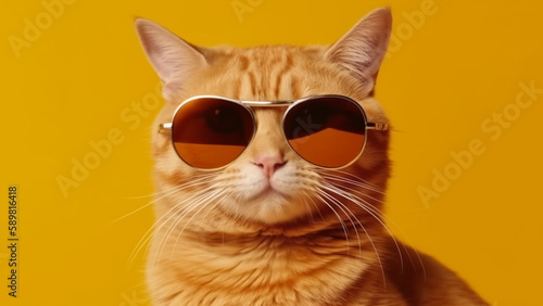 Portrait of a funny ginger cat wearing sunglasses isolated on yellow background with Generative AI .