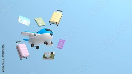 Preparations for a happy journey away. Airplane, ticket, luggage bag, passport, etc. 3d rendering