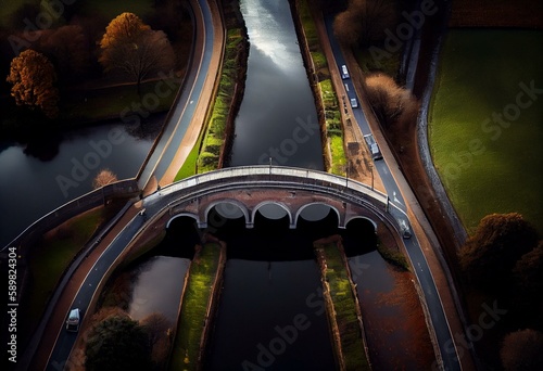 An aerial view of the aqueduct carrying the Llangollen Canal across River Dee in northeast Wales. Generative AI