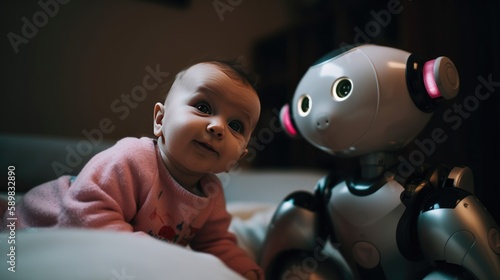 A baby, toddler, is with a home babysitter robot closely feeling safe and curious. Artificial intelligence and robotic devices in everyday living. Human and AI coexistence concept. Generative AI