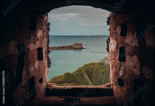 A view of the sea from the historic Fort San Lorenzo in Antiguo. Generative AI