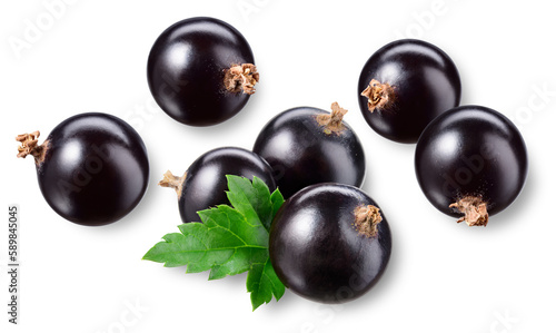 Black currant isolated. Currant black with leaves on white background. Perfect retouched currant berry with leaf. Berries with clipping path. Full depth of field..