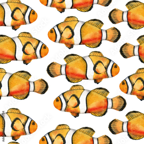 watercolor drawing seamless pattern with tropical fish, clownfishes at white background, marine angelfishes, hand drawn illustration
