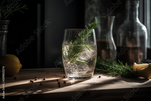 Sparkling water with fresh herbs like rosemary or basil, generative ai