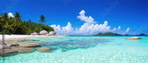 Paradise beach of a tropical island, palm trees, white sand, azure water, Generative AI.