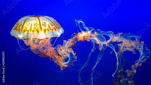 Closeup shot of a glowing jellyfish with tentacles