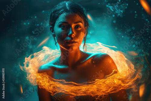 Spiritual esoteric new age tribal girl purified in a ritual by water anf ring of fire with copy space, generative ai