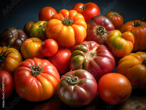 Fresh tomatoes of various shapes and sizes on a wooden table