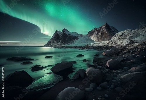 Northern lights over Lofoten beach, Norway. Green aurora over mountains and winter landscape in the night sky. Generative AI