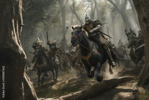 Knight in full armor charging towards a group of enemy soldiers on horseback created with AI