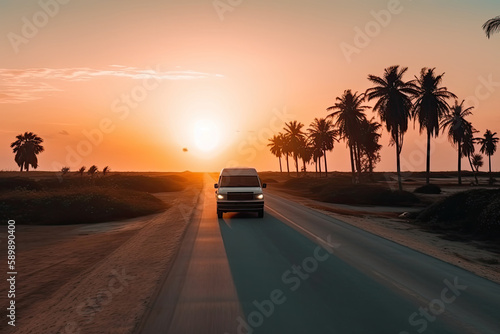 Traveling in a mini van, the car drives along the road against the backdrop of sunset. Generative ai.