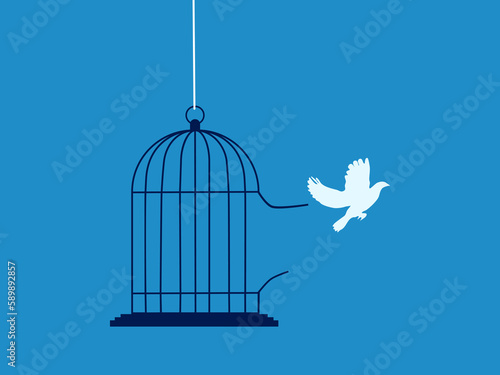white bird escaped from the cage. Concept of freedom and getting out of comfort zone. vector illustration