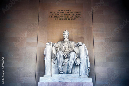 Washington DC, Abraham LIncoln statue inside Lincoln Memorial, built to honor the 16th President of the United States of America