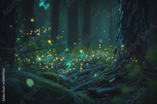 bioluminescent fireflies dancing in the misty forest created with Generative AI technology