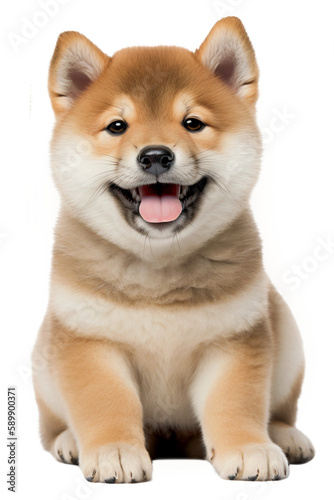 Happy sitting Shiba Inu puppy on a transparent background. Generative AI