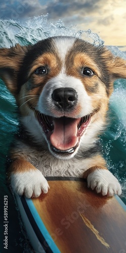 Adorable Canine Enjoying a Sunny Day on a Surfboard with a Big Smile