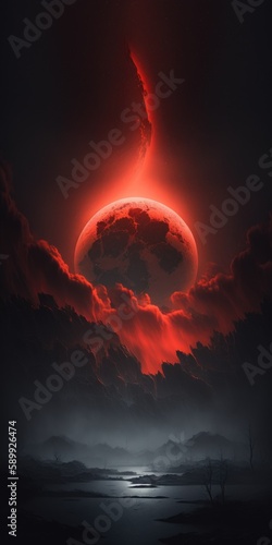 Minimalistic Red Moon in a Dark Glacial Fog: A Godly and Mysterious Sight