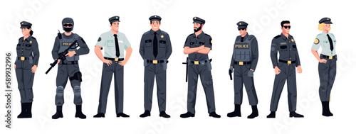 Police officers. Cartoon policeman policewoman characters, flat cops team in uniform, guard and security enforcement concept. Vector isolated set