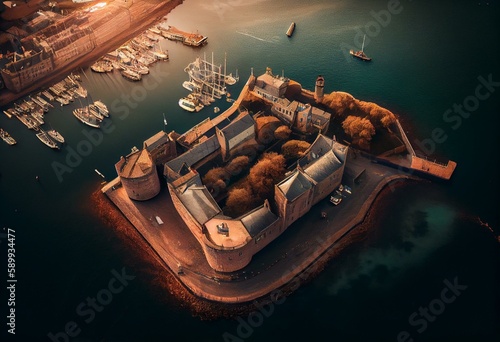 Aerial view of fortified Port of Lorient in Brittany, France. Generative AI
