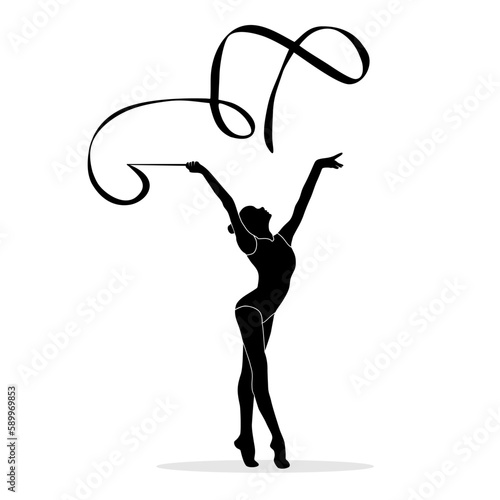 Silhouette of female rhythmic gymnast player with ribbon. Vector illustration