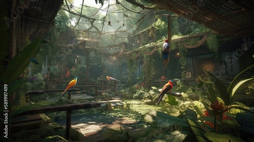 The tropical rainforest aviary with exotic birds is a breathtaking spectacle. Generated by AI.