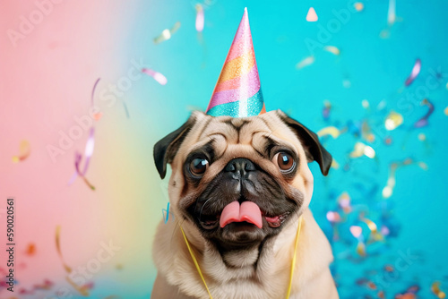 Happy pug dog with birthday party hat with confetti and balloons. 