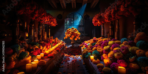Marigold flowers and candles. Day of the Dead cemetery at night, Mexico. Generative AI
