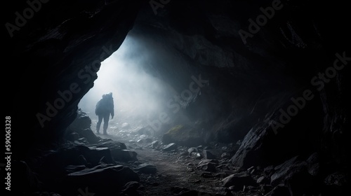  a person standing in a cave with a light coming from the end of the cave and fog coming from the cave behind them, with a person standing in the cave. generative ai