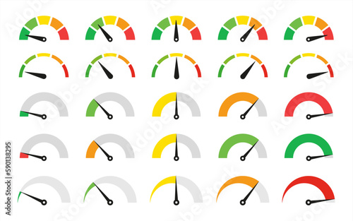 Speedometer, gauge meter icons. Vector scale, level of performance. Speed dial indicator . Green and red, low and high barometers, dashboard with arrows. Infographic of risk, gauge. Vector 10 eps.