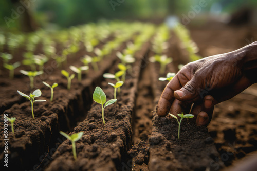 fresh evolving seedlings planted in rich soil, sustainable agriculture concept, generative AI