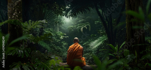 Buddhist monk meditating in the middle of nature. Generative AI