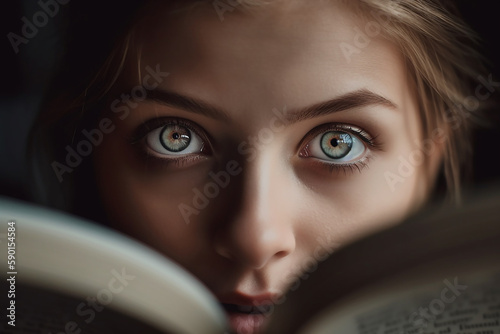 A young girl with beautiful eyes looking at you over the top of a book she is reading. Generative AI.
