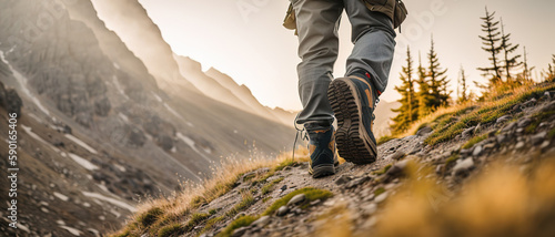 Close-up of the trekking shoes of a hiker crossing a mountainous area at the top of a hill. Generative AI.