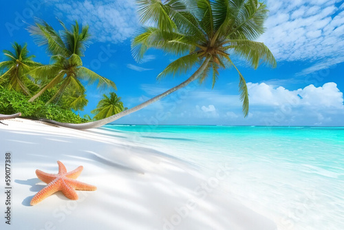 Starfish on the sandy shore. Azure sea, palm trees and white sand. Beach on Maldives. Tropical landscape. Generative AI.