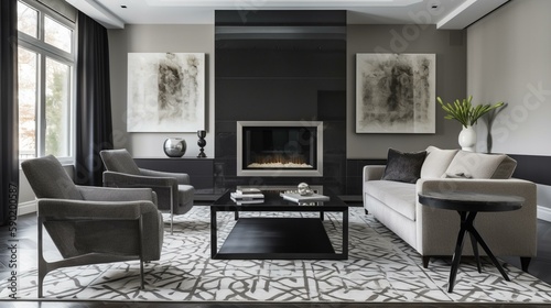 A sleek and modern living room with a statement fireplace and comfortable seating, accented with a bold patterned rug. Generative AI