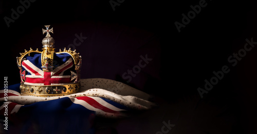 A British royal crown on the background of the flag of the United Kingdom of Great Britain and Northern Ireland, generative AI.