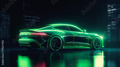 Cyber neon driving green power sport car with hybrid technology automotive in futuristic Generative AI