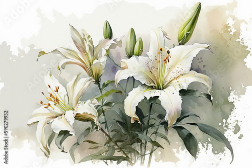 Generative AI. A branch close-up of a white Lilies flowers. Watercolor painting illustration, isolated on white background.