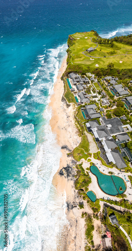 Aerial view of Dreamland Beach in Pecatu on the Bukit Peninsula on the island of Bali, Indonesia