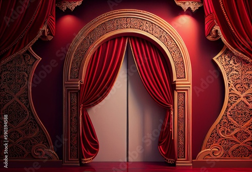 moroccan arc door with red and golden curtains on the side and arabesque style, islamic vip concept, ramadan, eid mubarak, red and gold curtains, 3D render. Generative AI