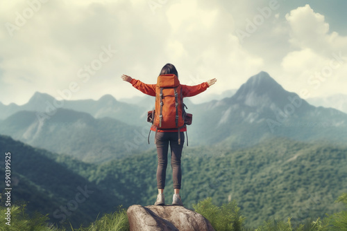 Women hiker or traveler with backpack adventure feeling victorious facing on the mountain, outdoor for education nature on vacation. Travel and Lifestyle Concept, Generative AI 