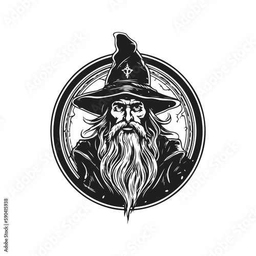 wizard warlock, vintage logo concept black and white color, hand drawn illustration
