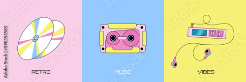 Set of three retro music elements, compact disks, audio cassette and old fashioned mp3 player with earphones on a colorful background.